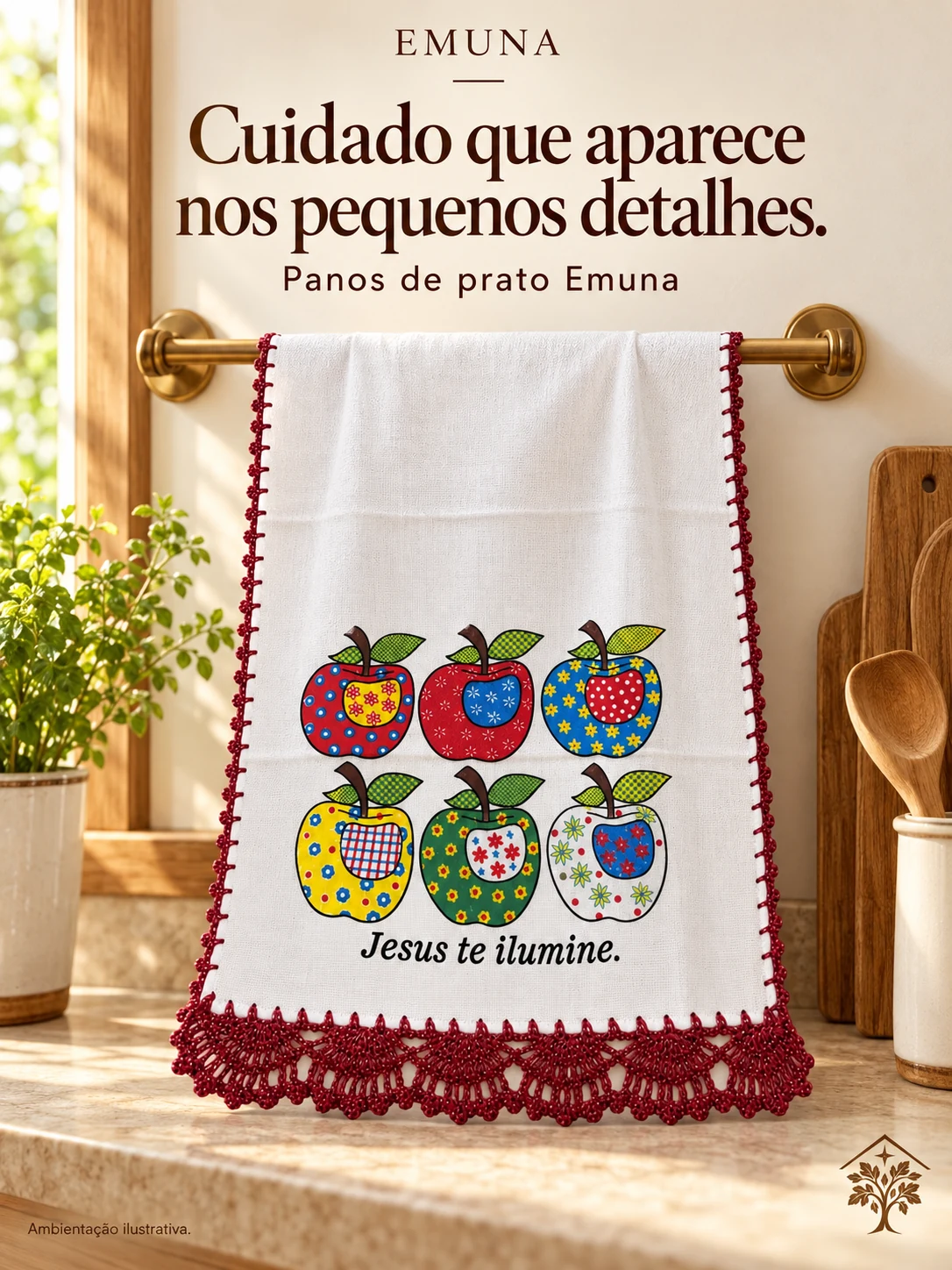 Pano de maçãs com crochê em uma cozinha acolhedora — ambientação ilustrativa